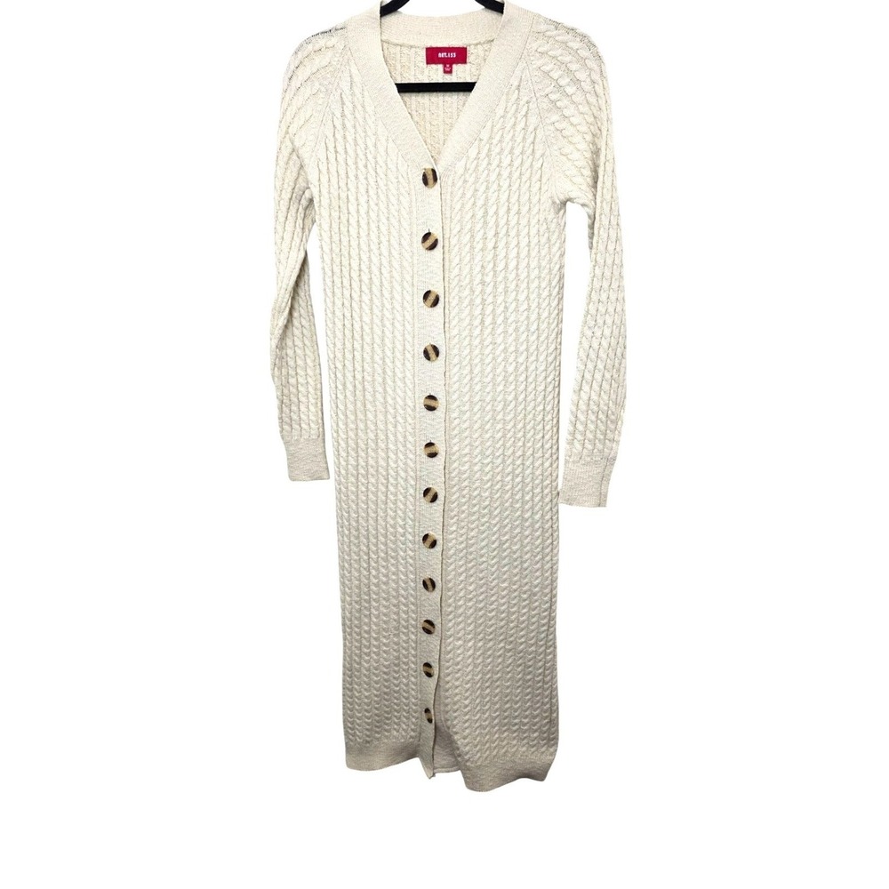 Net.153 Fisherman Chunky Cable Knit Button Front Midi Sweater Dress Beige SZ M